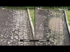 before and after photos of an asphalt driveway with grass growing on the ground, then in patches of dirt