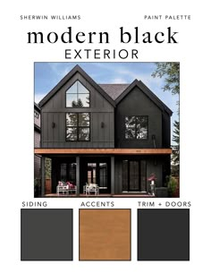 an exterior color scheme for a house with black paint and wood accents, including the front door