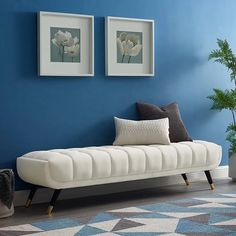 a living room with blue walls and two framed pictures on the wall, a white bench in front of a potted plant