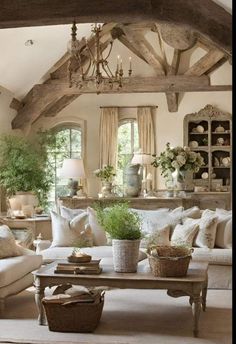 a living room filled with lots of furniture and plants in vases on top of tables