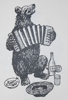 a drawing of a bear holding an accordion and some food on the ground next to it