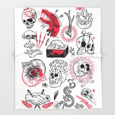 an assortment of skulls and other tattoos on a white background, with red ink in the middle