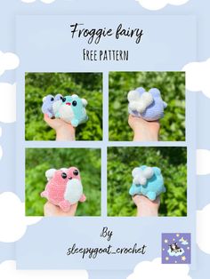 four pictures of handmade crocheted finger puppets with text reading froggie - fairy free pattern