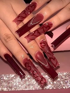 Red Nails For Valentines Day, Nails For Valentines Day, Nails For Valentines, Aura Nail, Winter Nail Art Designs, Aura Nails, Red Acrylic Nails, Grunge Nails