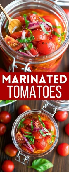 jar of marinated cherry tomatoes with fresh basil and red onion Marinated Cherry Tomatoes Recipe, Marinated Cherry Tomatoes, Cherry Tomato Recipes, Green Salads, Marinated Tomatoes, Fresh Tomato Recipes, Leafy Green Salads, Pickling Recipes, Tomato Recipes