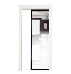 an open glass door on the side of a white wall with a black frame and bottom panel