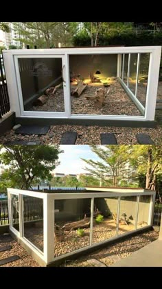 an outdoor enclosure made out of shipping containers is shown in two different pictures, one with the