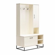 a white cabinet with two drawers and a shelf on one side, against a white background