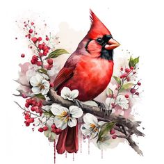 a red bird sitting on top of a tree branch with white flowers and berries around it