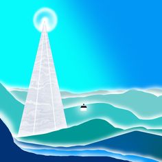 an illustration of a lighthouse in the middle of water with a light shining above it