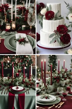 a collage of photos with red and green decorations on the table, including a wedding cake