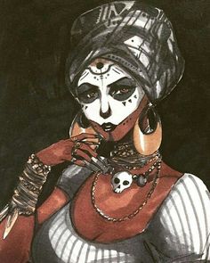 a drawing of a woman with makeup and skeleton headdress