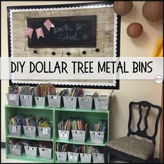 the dollar tree metal bins are organized in front of a chalkboard and bookshelf