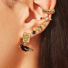 Raven bird stud statement goth earrings featuring a book with the text “Nevermore”. Butterfly backings. Classic Poems, Black Cat Earrings, Raven Bird, Goth Earrings, Wearing Jewelry, Moon Studs, Anatomical Heart, Solitaire Studs, Bee Earrings