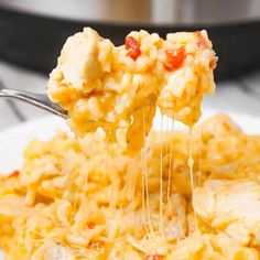 a spoonful of macaroni and cheese being lifted from a white plate