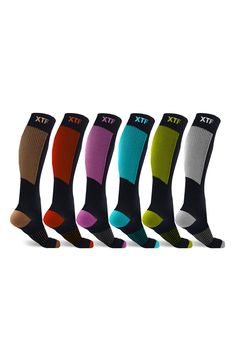 Knee-length compression socks are infused with copper to help draw blood flow and stimulate the production of key proteins to the leg and feet during exercise, helping to reduce swelling and fatigue. Pack of 6 Compression level: 15-20mmHg 94% polyester, 3% spandex and 3% copper Machine wash, tumble dry Imported Functional Breathable Knee-high Socks, Black Knee-high Nylon Socks, Black Compression Socks For Sports, Breathable Stretch Multicolor Socks, Multicolor Stretchable Breathable Socks, Black Nylon Knee-high Socks, Black Compression Breathable Knee-high Socks, Black Breathable Sporty Knee-high Socks, Sporty Black Breathable Knee-high Socks