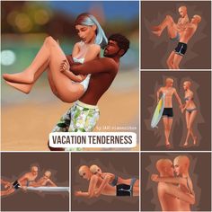 various poses of a man and woman on the beach