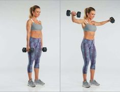 a woman holding two dumbbells in her right hand and another lifting one with both hands