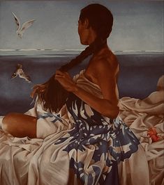 a painting of a woman sitting on top of a bed next to a seagull