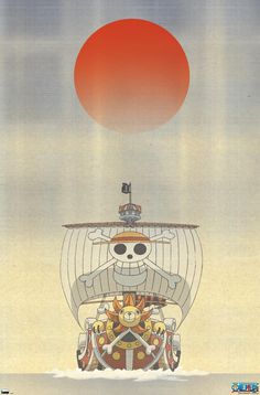 an image of a cartoon character on a boat with the sun in the sky behind it