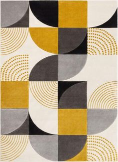 an area rug with various shapes and colors on it, including black, grey, yellow and white