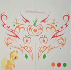 a drawing of an apple and pony on a white paper with red, green, orange, and yellow designs