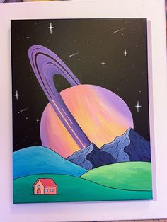 a painting of an alien planet with a house in the foreground and stars in the background