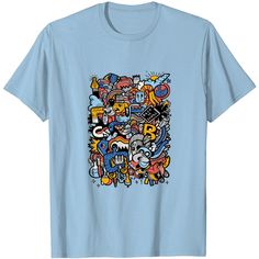 a blue t - shirt with cartoon characters on it