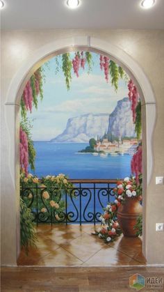 a painting on the wall of a balcony with flowers