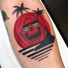 a skull with sunglasses and a hoodie on his head is depicted in this tattoo design