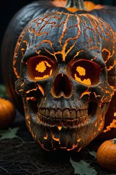 a carved skull sitting next to pumpkins on the ground