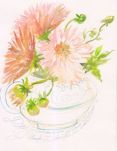 a drawing of pink flowers in a white bowl