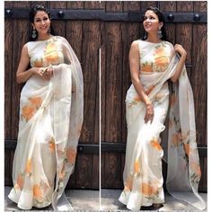 Lavanya Tripathi, Floral Print Sarees, Kerala Saree, Orange Saree, Saree Poses, Indian Fashion Saree, White Saree, Organza Sarees, Elegant Saree