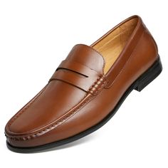 PRICES MAY VARY. CLASSIC STYLE: Penny loafer shoe with traditional styling. The penny loafer crafted from calfskin leather and features understated color blocking. Classic timeless sophisticated dress shoes. COMFORT: Fully cushioned memory foam insole for superior padded cushy comfort and shock absorption. Lightweight construction with extended durability with breathable leather linings. QUALITY SOLE & DURABILITY: Flexible contrasting outsole with stitch detailing on low stacked heel.Hand-stitch Mens Brown Loafers, Loafer Shoes For Men, Loafer Shoe, Brown Loafers, Dress Slip, Business Dress, Sophisticated Dress, Business Dresses, Penny Loafers