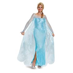 a woman in a frozen princess costume standing with her arms out and hands behind her back