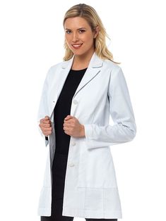 Tailored to beautifully accentuate and flatter the delicate contours of the female figure while remaining effortlessly comfortable, this classic lab coat will keep you looking like the highly-trained professional you are. Modern elegance meets classic vintage in this design with a cinched, sewn back belt, winged collar lapels, and squared princess seams. PERFORMANCE HERRINGBONE TWILL 80% polyester/20% cotton Two large angled front patch pockets Squared front princess seams Center front 4 button Lab Coat Design, Business Casual Interview Outfit, Stylish Scrubs, Professional Work Outfit, Women Scientists, Business Attire Women, Wing Collar, Medical Outfit, Boutique Couture