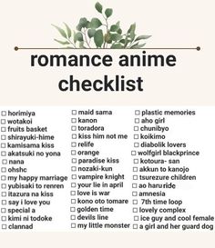 a sign that says romance anime checklist with flowers in the middle and words above it