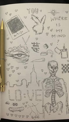 a drawing of a skeleton sitting on top of a book next to a golden pen