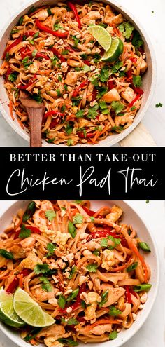 chicken pad thai noodles in a skillet with limes and cilantro on the side