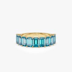 14k Emerald Cut Swiss Blue Topaz Nine Stone Ring 3.00ctw 14K Gold Ferkos Fine Jewelry Emerald Shape Engagement Rings, Gold And Diamond Rings, Local Jewelry, Swiss Blue Topaz, Jewelry Inspo, Diamond Bracelets, Wide Bands, Eternity Bands, Stone Ring