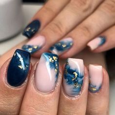 17 Glamorous Winter Acrylic Nail Ideas for 2023-2024 Navy Blue And Gold Marble Nails, Neutral Foil Nails, Winter Nails Marble, Fab Mood Inspiration Nails, Blue Marble Nails Acrylic, Navy Marble Nails, Blue And Gold Marble Nails, Marble Gel Nail Designs, Navy Blue Marble Nails