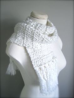 This warm, cozy scarf is made of soft acrylic and is long enough to wrap 2-3 times for extra warmth. Clean, bright white will go with any coat or sweater.  Scarf measures approximately 68 inches (fringe included) x 6 in. is super soft, and comfortable enough to wear all day long.  Hand wash in cold water and line dry or lay flat.  Feel free to contact me with any questions, or to inquire about other available colors or special requests.  Note - Due to lighting conditions and monitor/screen setti Crochet Snow White, Mens Scarf, Crochet Leg Warmers, Winter Whites, New Look Fashion, Womens Scarf, Crochet White, Men's Scarf, Sweater Scarf