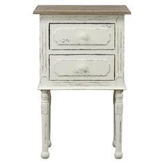 an old white nightstand with two drawers on one side and a drawer on the other