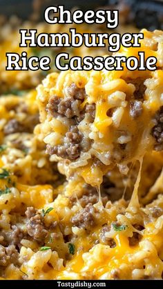 Easy Cheesy Hamburger Rice Casserole Recipe Ground Beef Rice Cheese Recipes, Beef With Rice Recipes, Recipes With Mushroom Soup, Cheesy Ground Beef And Rice Casserole, Recipes Using Cream Of Mushroom Soup, 1 Pound Ground Beef Recipes, Cream Of Mushroom Rice, Ground Beef And Rice Recipes