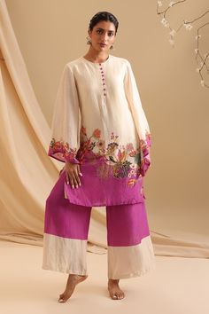 Cream kurta with floral print and thread embroidery. Paired with colorblock flared pant. - Aza Fashions Festival Kurta With Printed Border, Bohemian Sets With Floral Embroidery On Straight Kurta, Bohemian Set With Straight Kurta And Floral Embroidery, Off White Floral Embroidered Set With Straight Kurta, Transitional Semi-stitched Floral Embroidered Kurta, Dress Embroidery, Coord Set, Rayon Top, Indian Wedding Wear