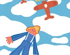 an illustration of two people flying in the sky with airplanes above them and clouds behind them