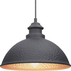 an industrial style pendant light with a black metal finish and gold accents on the bottom