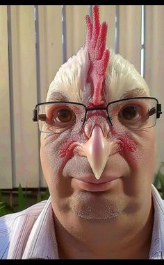 the man is wearing a chicken mask and glasses