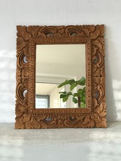 Vintage Rectangular Floral Ornamented Wood Carved Mirror, Handcrafted Wooden Oriental Style Mirror Frame, Unique Design, Wedding Gift, Birthday Gift, Gift for her, Interior Decore, Oriental Style  We offer to you this mirror not just for entryway or bathroom but itself an unique piece of Art and This item coming to you as we received on our Gallery without any touch.  Dimensions:-  Overall Size :height/wide/ depth = (38 x 33 x 2 ) cm =( 15 x 13 x 0.8 ) inches.  the mirror = 23 cm x 18 cm = ( 9 x Carved Mirror, Wooden Mirror Frame, Castles Interior, Frame Wedding, Wooden Mirror, Mirror Frame, Wood Mirror, Wood Carved, Mirror Designs