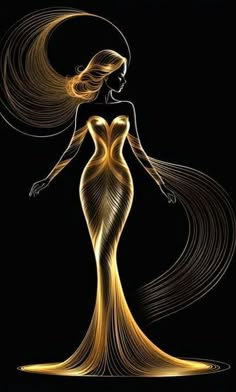 a woman with long hair standing in front of a black background wearing a gold dress